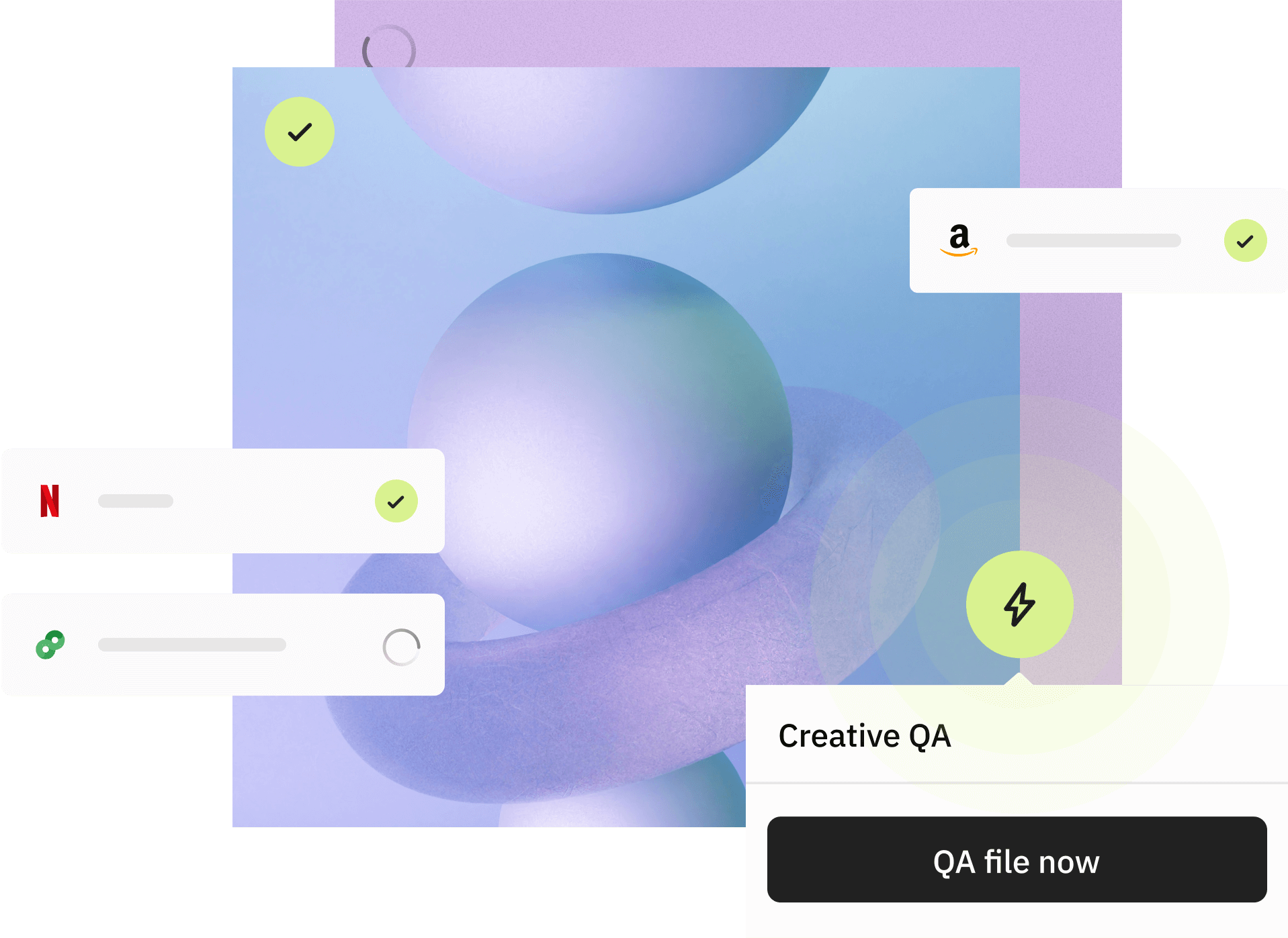 Illustration showing QA of ads in Peach Go for Google DV360, Netflix, Meta, The Trade Desk, YouTube, TikTok, Disney+ and more