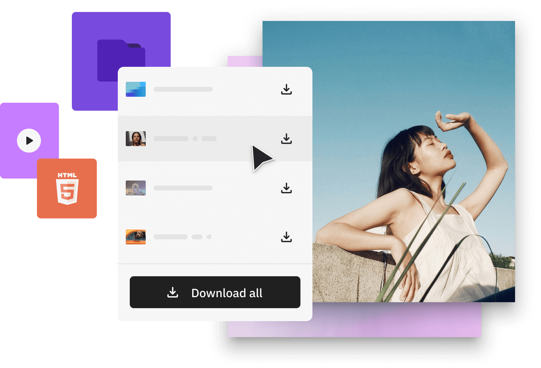 Illustration showing file transfer in Peach Go for video, HTML5, images, VAST files, PDF, ZIP, folders…